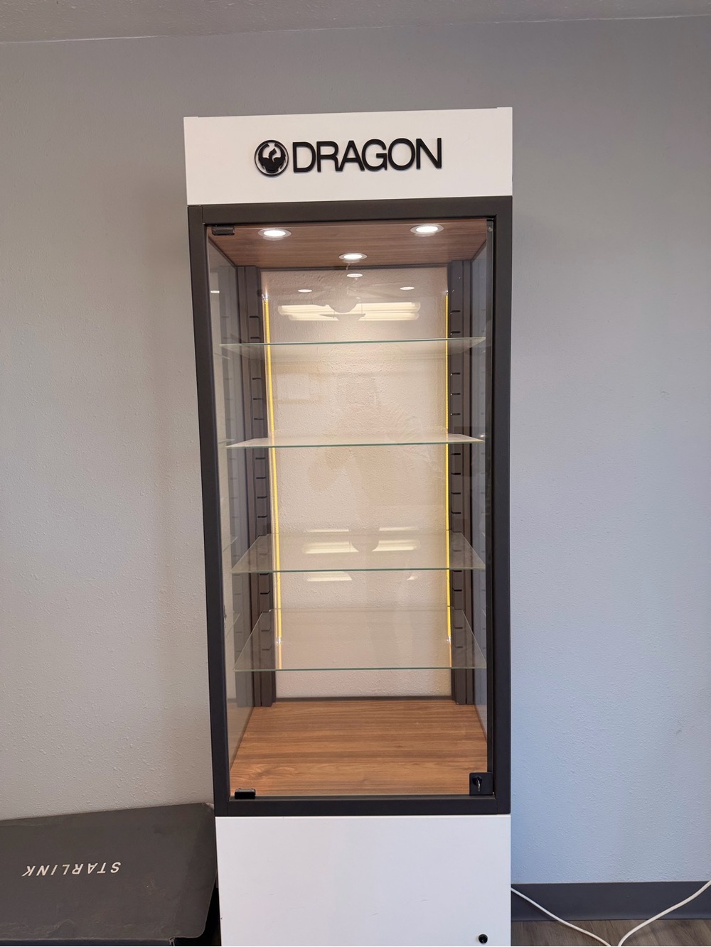 DRAGON Glass Display Cabinet in White with Wood Base